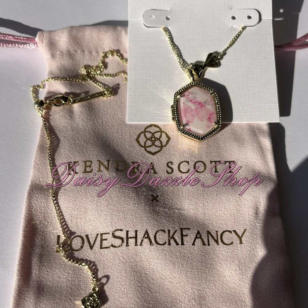 🎀Kendra Scott x LoveShackFancy Daphne Gold Locket Necklace Pink Mint Rosa Beaux